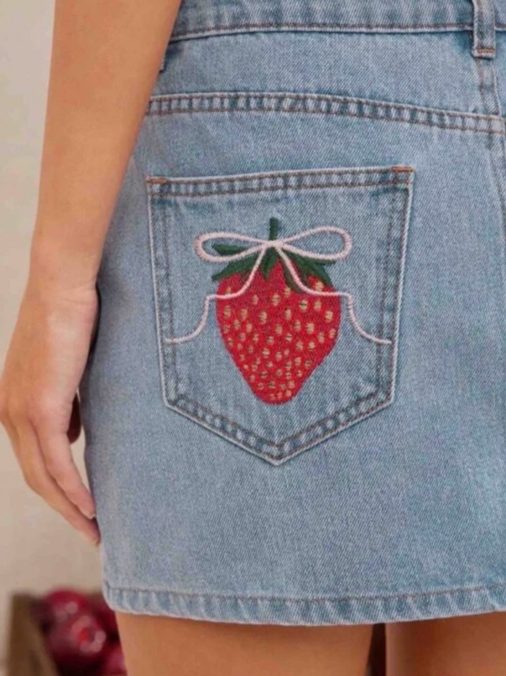 Blue Asphalt Light Blue Denim Mini Skirt with Strawberry Pocket Embroidery